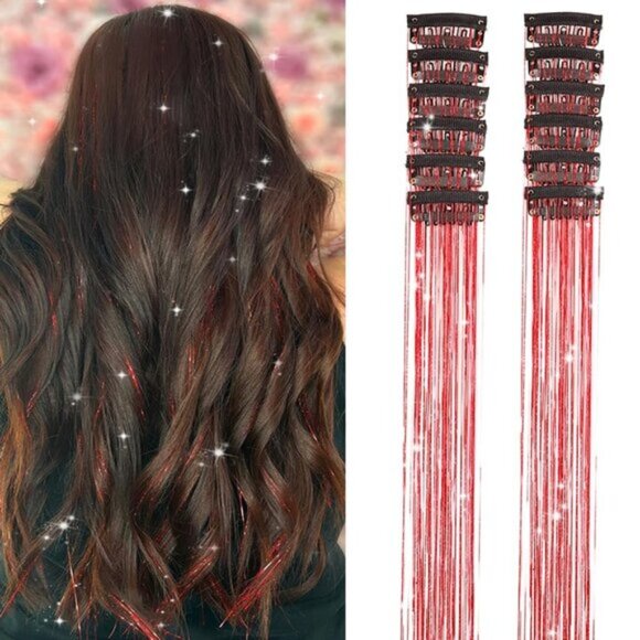 12Pcs 20" Hair Tinsel Red Glitter Clip-in Hair Extensions for Party & Festivals